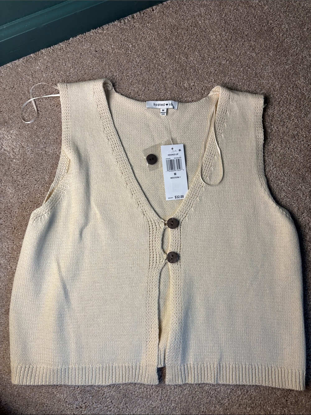 Hooked Up by IOT Cream Knit V-Neck Button Front Sweater Vest
